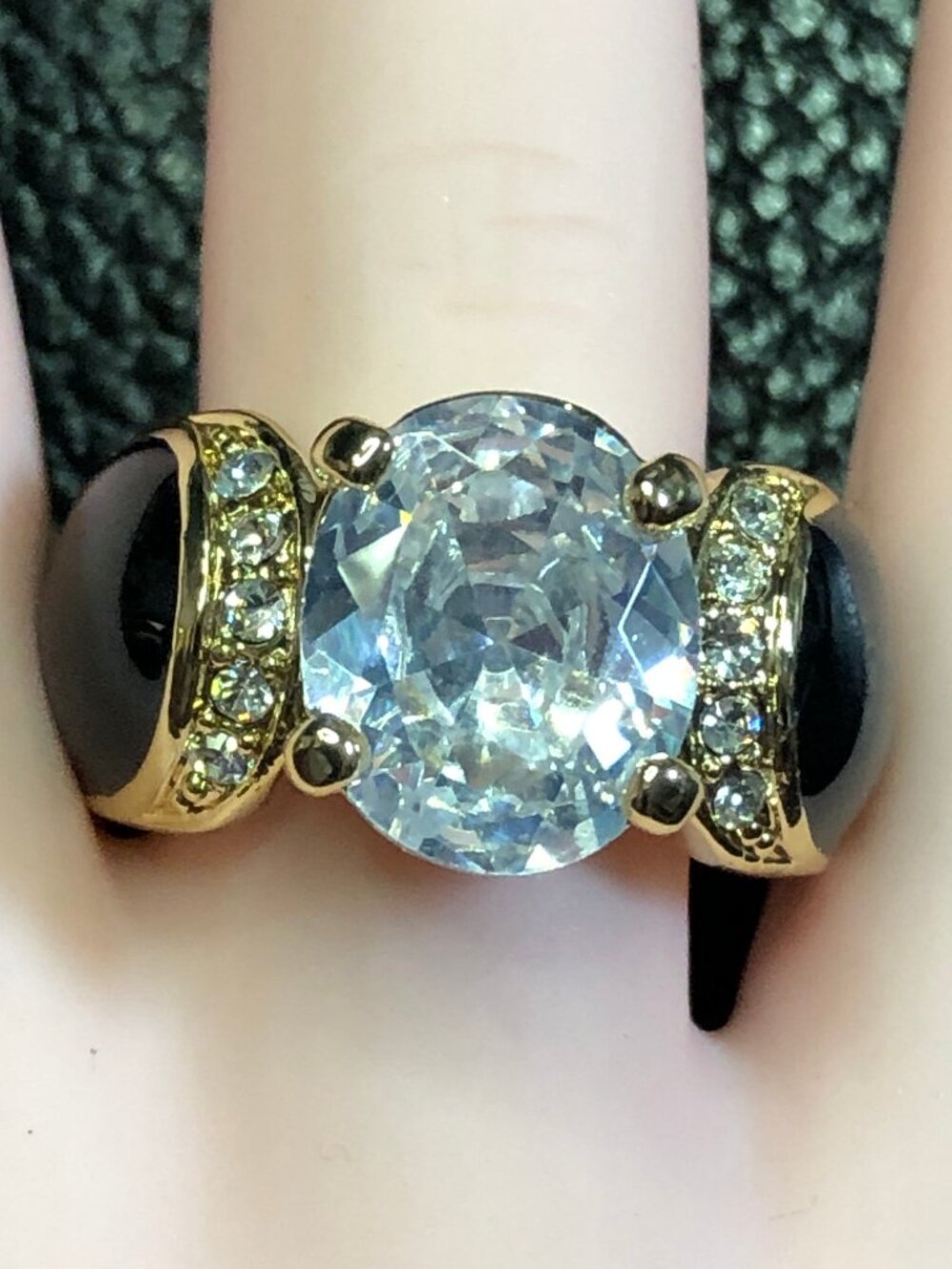 Gold CZ Black Enamel Statement Ring Fashion Designer Camille Lucie France Sz 6.5
